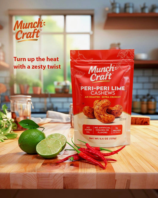 Munch Craft Peri-Peri Lime Cashews pouch on a kitchen counter with fresh limes and chili peppers