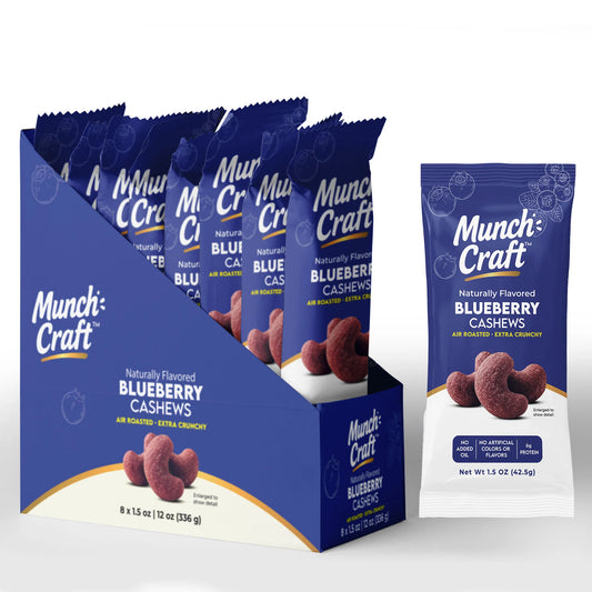 Munch Craft Blueberry Cashews: Air-Roasted, Extra Crunchy (Grab-and-go Snack Bags 1.5 oz 8-Pack)