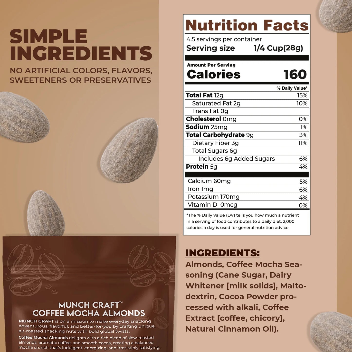 Munch Craft Coffee Mocha Almonds: Air-Roasted, Extra Crunchy (4.4 oz Pantry Bags)