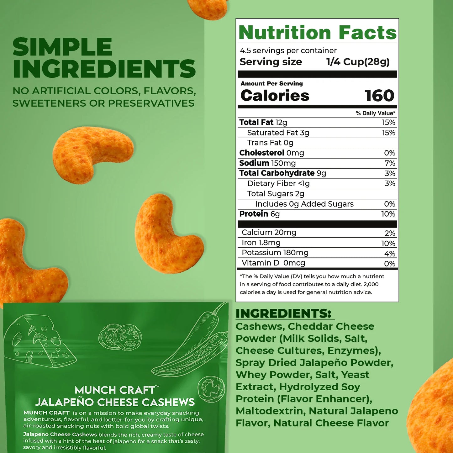 Munch Craft Jalapeno Cheese Cashews: Air-Roasted, Extra Crunchy (4.4 oz Pantry Bags)