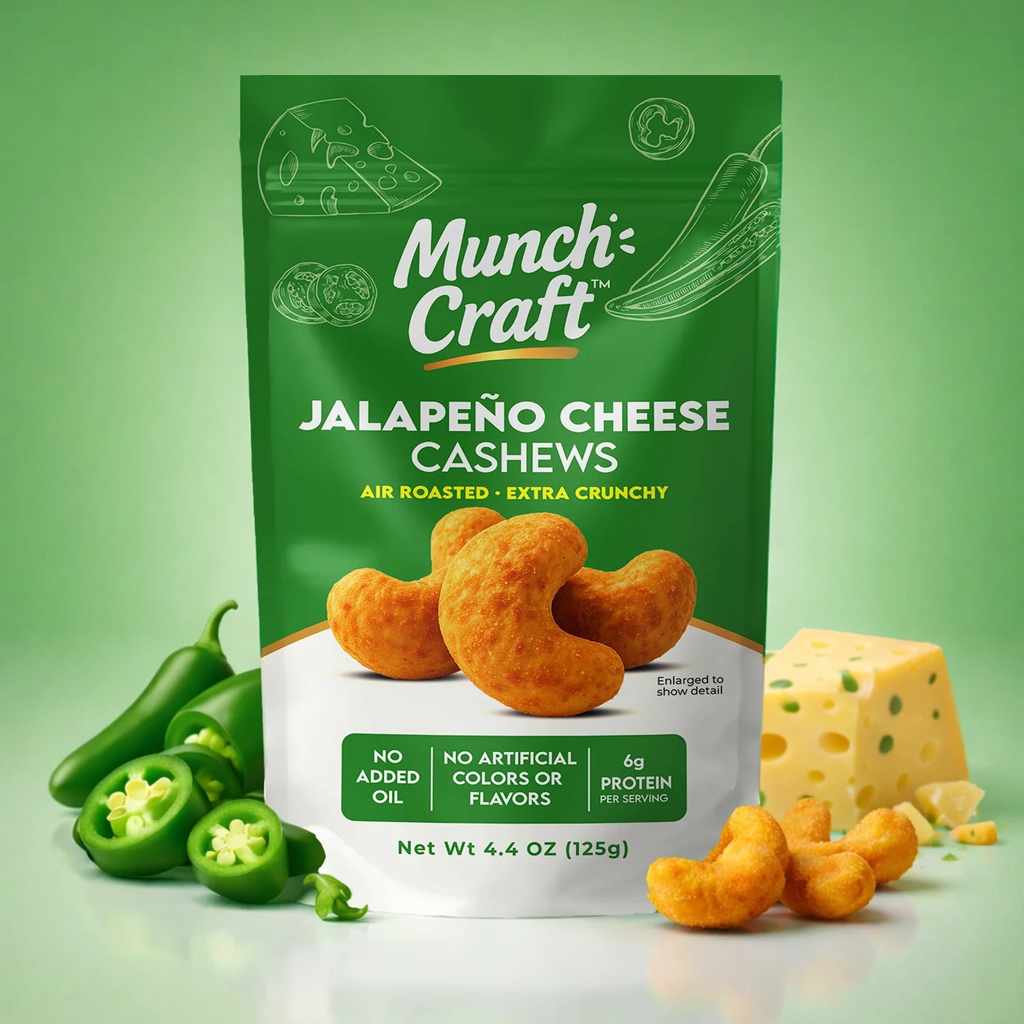 Munch Craft Jalapeno Cheese Cashews: Air-Roasted, Extra Crunchy (4.4 oz Pantry Bags)