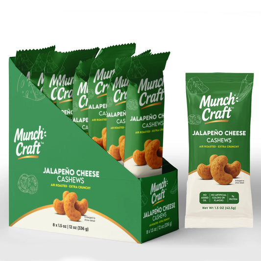 Munch Craft Jalapeno Cheese Cashews: Air-Roasted, Extra Crunchy (Grab-and-go Snack Bags 1.5 oz 8-Pack)