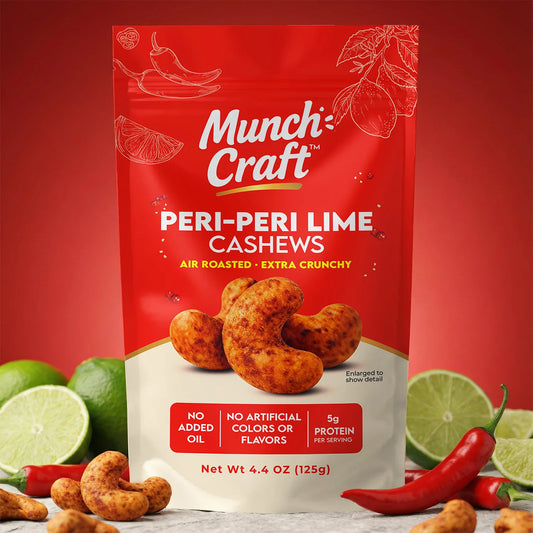 Munch Craft Peri-Peri Lime Cashews: Air-Roasted, Extra Crunchy (4.4 oz Pantry Bags)