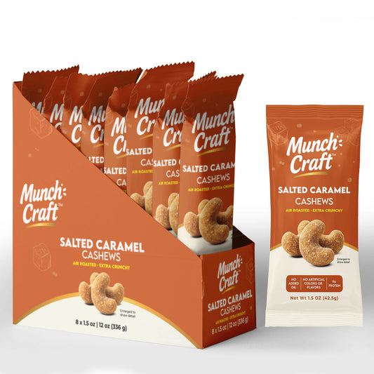 Munch Craft Salted Caramel Cashews: Air-Roasted, Extra Crunchy (8-Pack Snack Box)