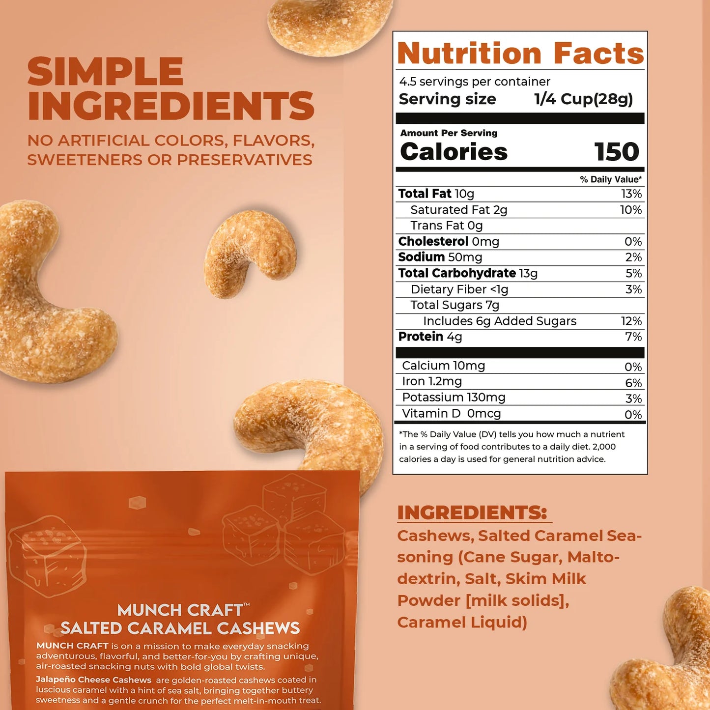 Munch Craft Salted Caramel Cashews: Air-Roasted, Extra Crunchy (4.4 oz Pantry Bags)