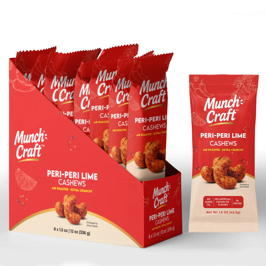 Munch Craft Peri-Peri Lime Cashews: Air-Roasted, Extra Crunchy (Grab-and-go Snack Bags 1.5 oz 8-Pack)
